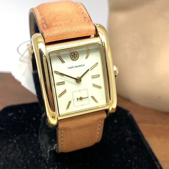 Tory Burch Women's Watch TBW1068 Tank Cream Dial Gold Quartz Brown Leather Band - Picture 13 of 14